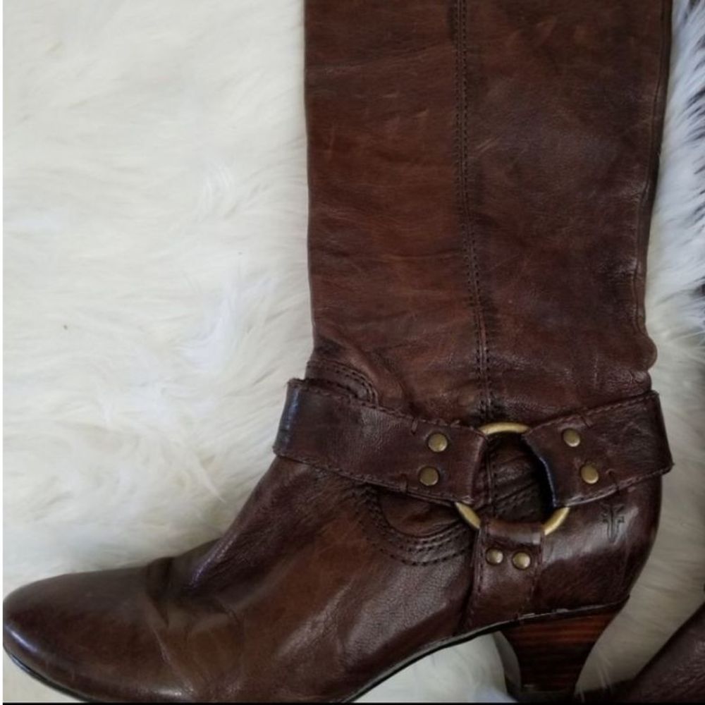 Frye Brown Leather Steffi Harness Tall Boots CL - Picture 3 of 8